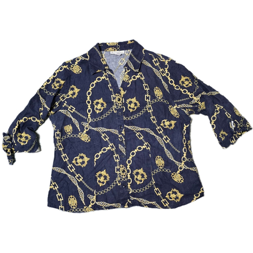 JM Collection Woman 16W‎ Button Down Top Blouse Gold Chain Print Linen Blend (J)